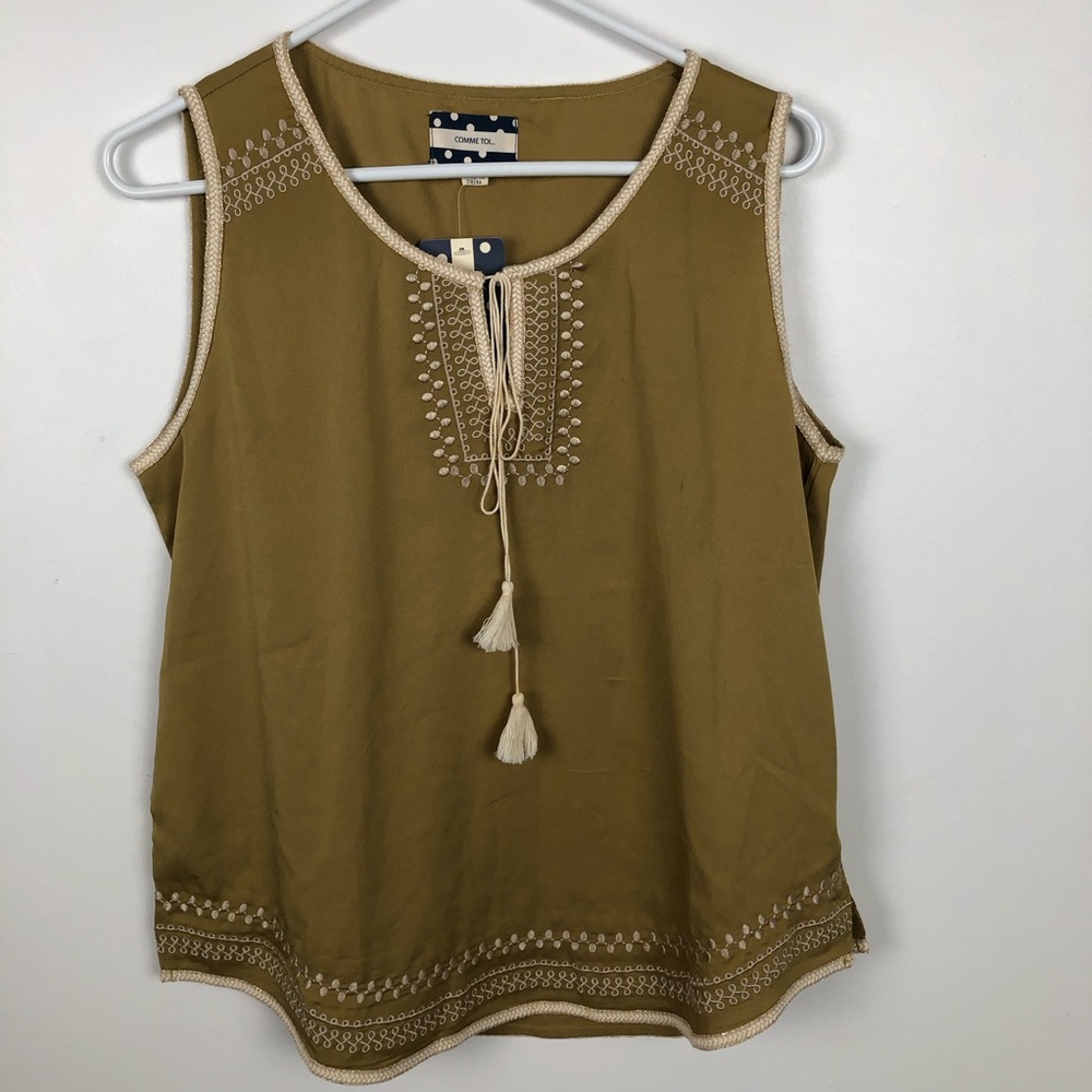 Comme Toi Embroidered Sleeveless Top with tassels - Olive L Large NWT NEW